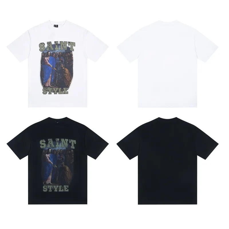 100💰S10#美Chao SAINT white ink direct-injection pure cotton 260g loose short-sleeved T-shirt 15 black, white S-XL